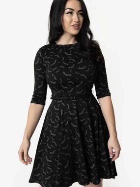 Black Patterned Fit-and-Flare Dress - Women's
